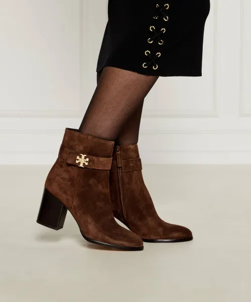 Δερμάτινα μποτάκια με χοντρό τακούνι t-lock TORY BURCH καφέ